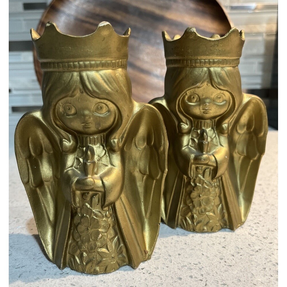 MCM Vintage Christmas Angel Lite Plaster Ceramic Gold Candle Holder Set